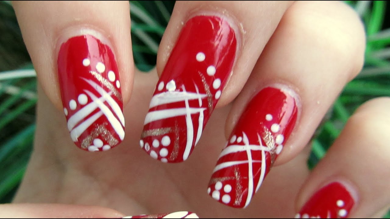 Easy Red, Gold and White Abstract Design Nail Art Tutorial Homemade