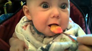 赤ちゃんがいろんな食べ物の味を顔で表現する。