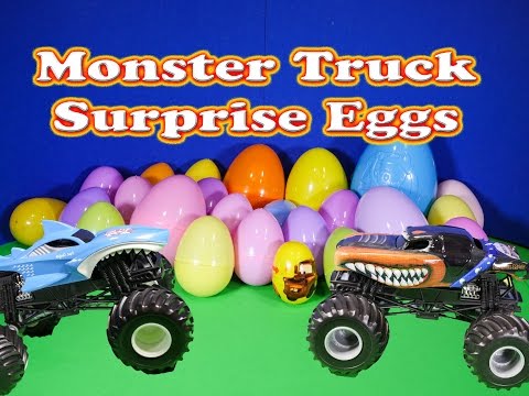 Opening 25 Funny Monster Truck Surprise Eggs with the Assistant
