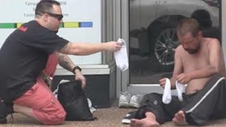 Giving The Homeless New Shoes and Shirt Off Back