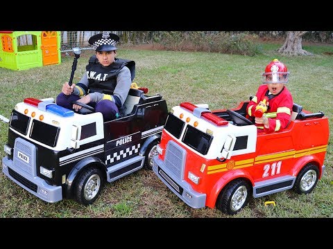 children play with fire truck and police truck ,funny videos for kids, adel et sami