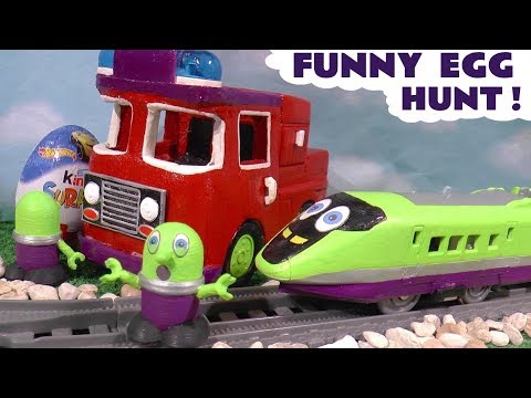 Funny Funlings Train and Fire Truck Fun Kinder Egg Hunt with Toy Vehicles For kids TT4U