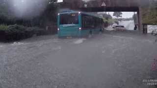 Arriva bus ploughs through flood water at Saltburn