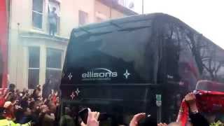 Liverpool FC fans welcome the team coach to Anfield ahead of Manchester City's visit