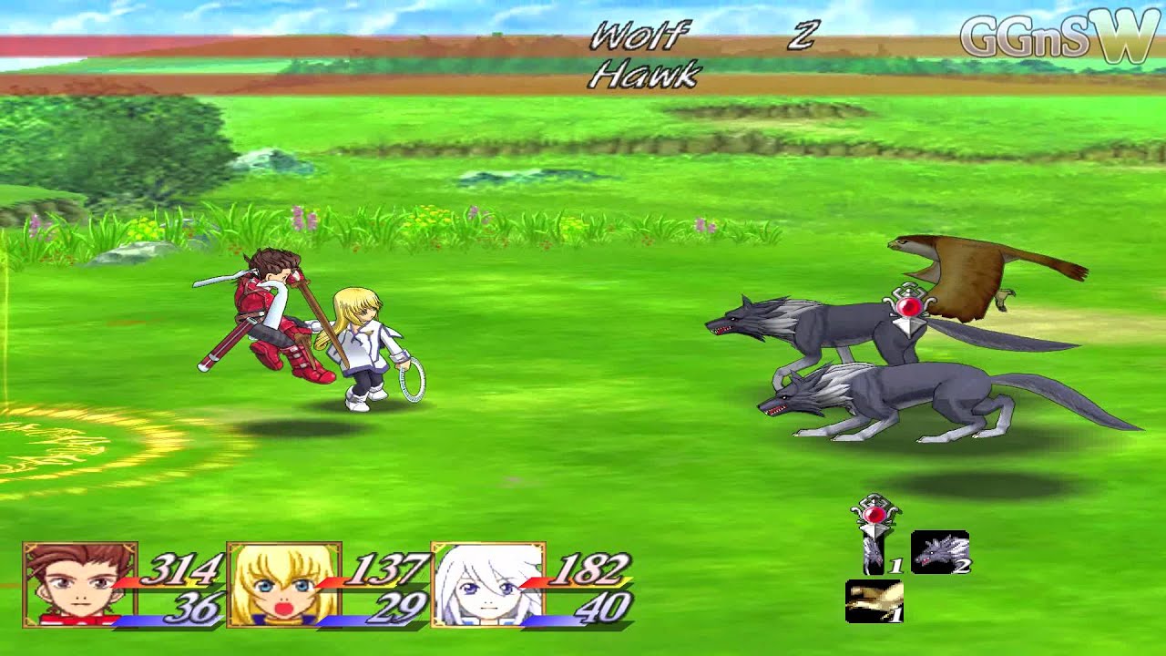 Battle screen of Tales of Symphonia with human characters on the left and monsters on the right. Text on the top says "Wolf 2" and "Hawk". The top right side contains a logo that reads "GGnSW"