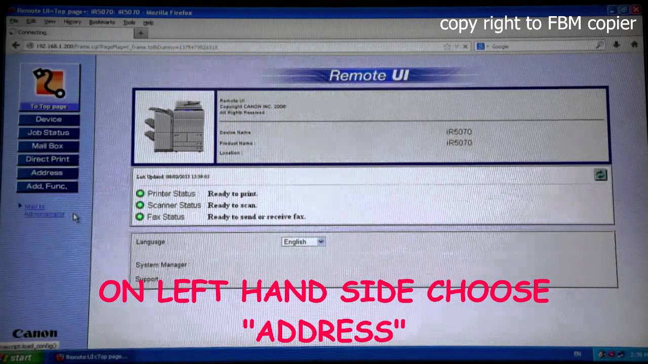 canon copier remote address book server address