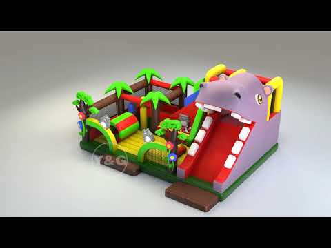 Welcome to Funny Hippo themed bounce house slide combo!