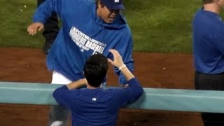 Ryu Hyun-jin 류현진 Celebrating with Uribe, Martin Kim and Dodger Owners 2013-10-7 - Dodger Stadium