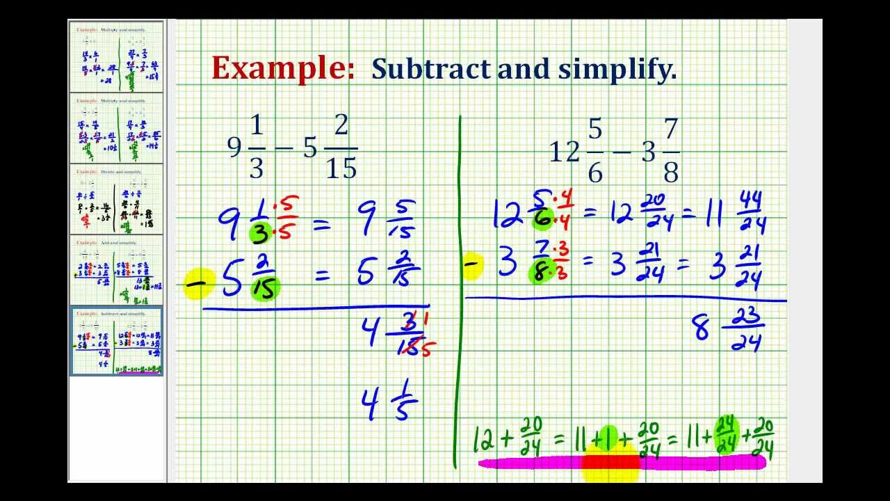 Example: Subtraction of Mixed Numbers - YouTube