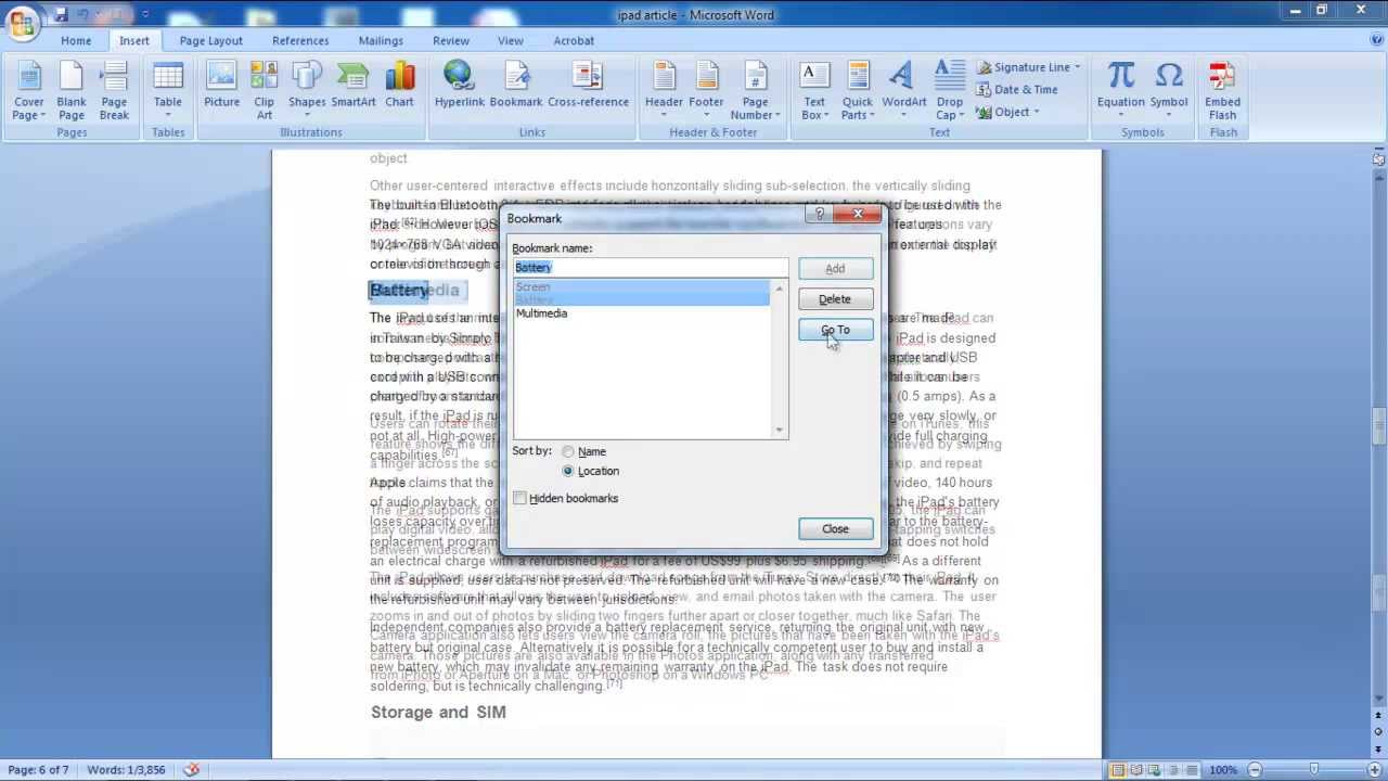 view bookmarks in word