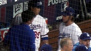 Ryu Hyun-jin 류현진 Gets Advice from Kershaw Before Batting in 1st Run 2013-10-6 in Dodgers Playoff Win