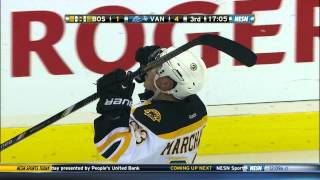 Brad Marchand "raises the Cup" in front of the Vancouver bench 12/15/13