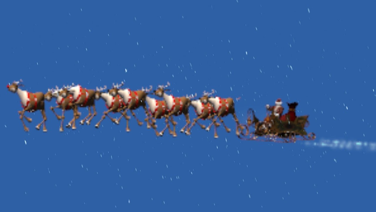 animated Santa Claus with sleigh in snowfall - blue / black screen