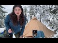 Solo Winter Camping in a Hot Tent Snowstorm Survival!