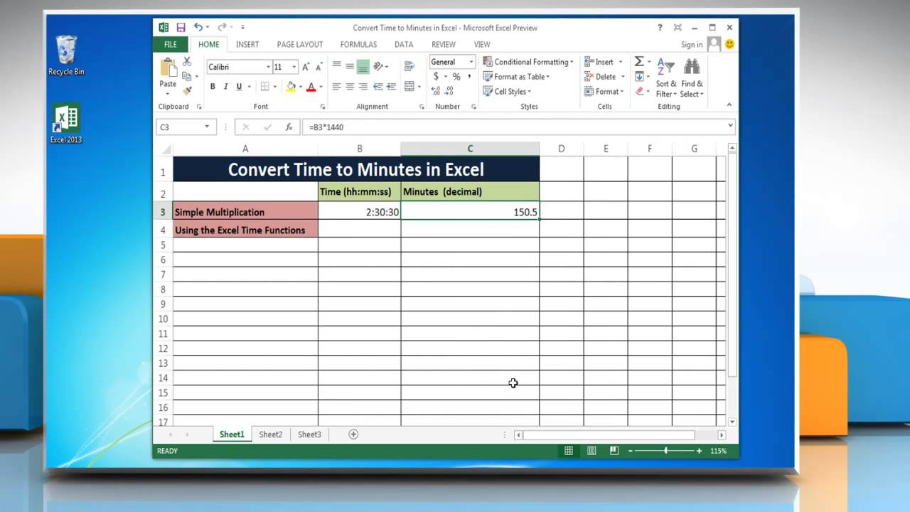 How to convert Time to Minutes in Excel 2013 - YouTube