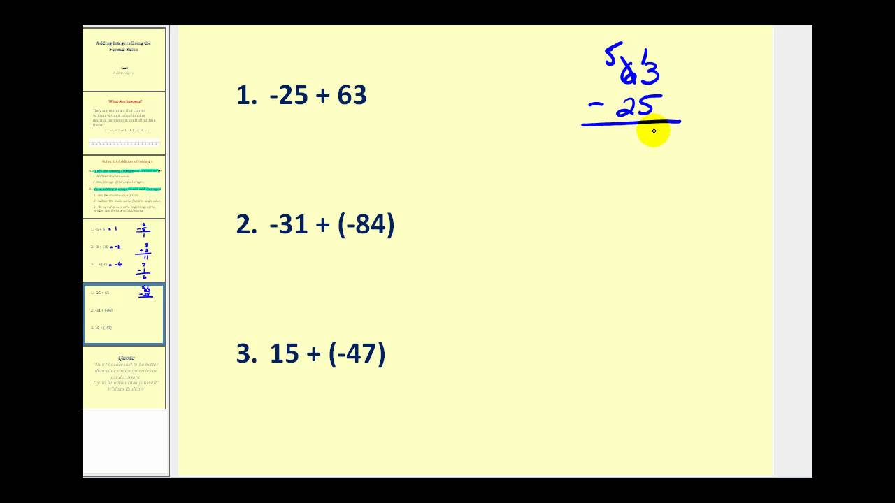Adding Integers Using Formal Rules - YouTube