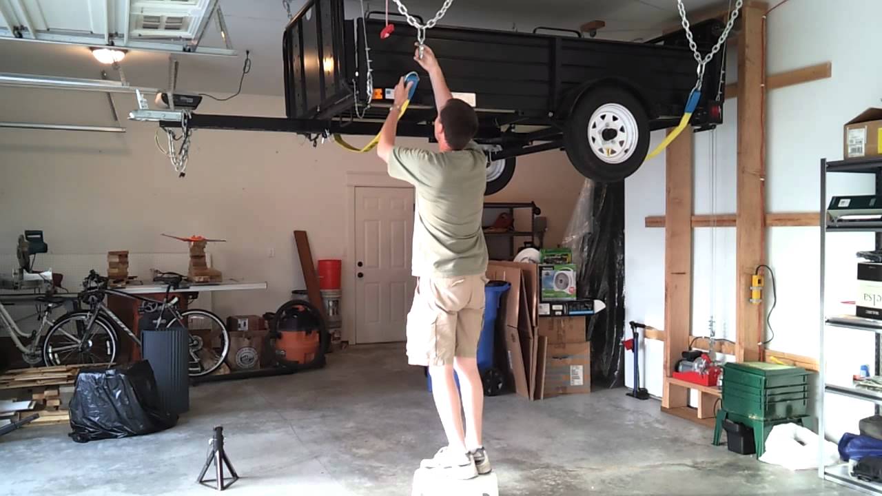 Hang my utility trailer from the garage ceiling. - YouTube
