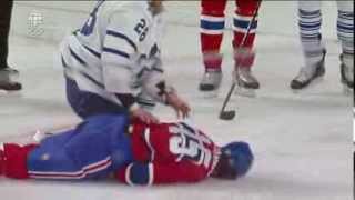 George Parros Injured After Fight vs Toronto Maple Leafs 10/1/13 Leaves on Stretcher