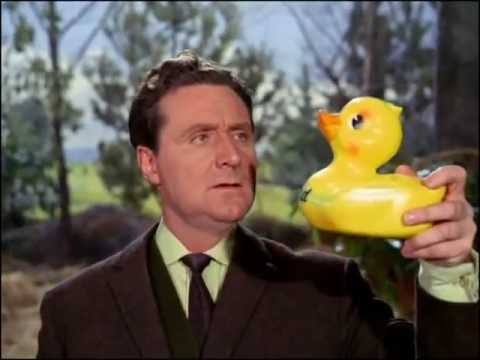 Youtube video - Steed is hunting in the woods and thinks he’s bagged a catch, only to find Mrs. Peel hiding in the bushes when he finds a yellow rubber duck emblazoned ‘Steed’. ‘We’re needed’, she quips