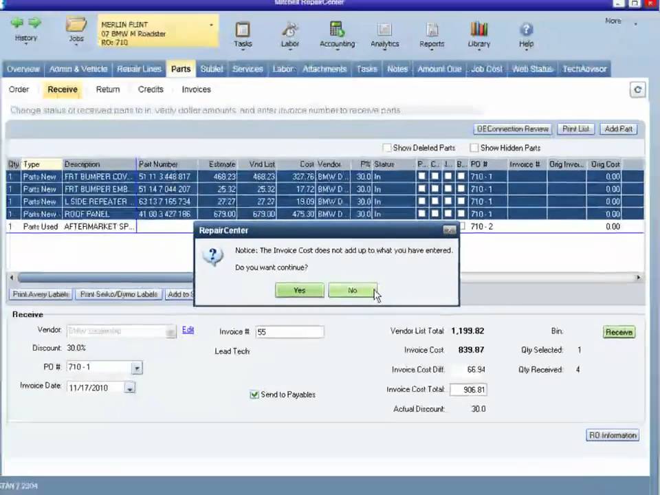 Mitchell RepairCenter Parts Management Demonstration - YouTube