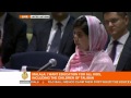 Malala Yousefzai, who was shot by Pakistani Taliban last year, addressed the UN Youth Assembly on her 16th birthday and called for improvements in global education.

The UN has declared her birthday, July 12, as \