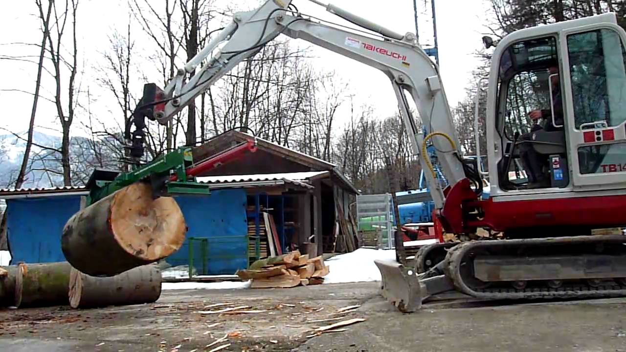 Holzspalter für Bagger Eigenbau 80 cm Buche - YouTube