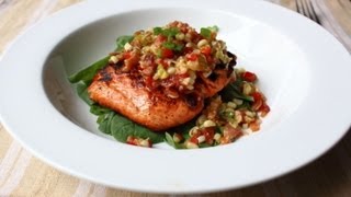 Grilled Salmon with Bacon & Corn Relish - Salmon with Warm Sweet Corn and Bacon Relish Recipe