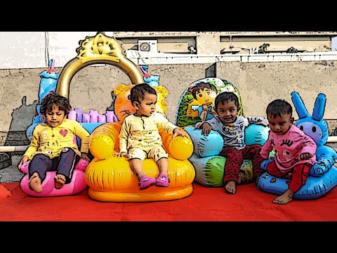 Cute Kids Fun Playing In Inflatable Chair & Toys - Beautiful Children Jumping & Playing In Chair