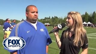 Female Reporter Gets Knocked over By Football Player After Touchdown Grab!