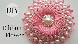 DIY Ribbon flower with beads/ grosgrain flowers with beads tutorial