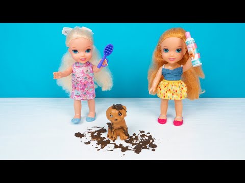 Elsa and Anna toddler dolls - MUDDY dog GROOMING SALON! 🐶 🐾 Give dirty puppy a bath🛁