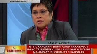 BT: Atty. Kapunan, hindi agad nakasagot nang tanungin kung malinis at di corrupt si Napoles