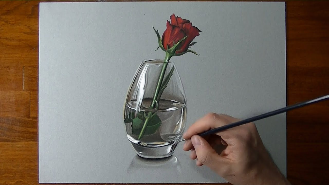 Drawing Time Lapse: a red rose in glass vase - YouTube
