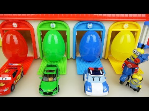Cars Poli and Minions toys with surprise eggs house play