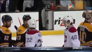 Milan Lucic talks to Dale Weise, Alexei Emelin in handshake line