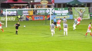 Conan Byrne celebrates scoring with Pat's away fans in home end (Tallaght August 2013)