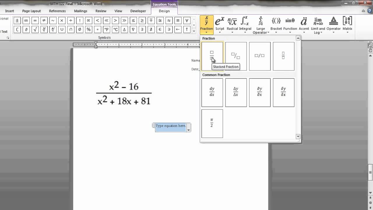 shortcut for insert equation in word