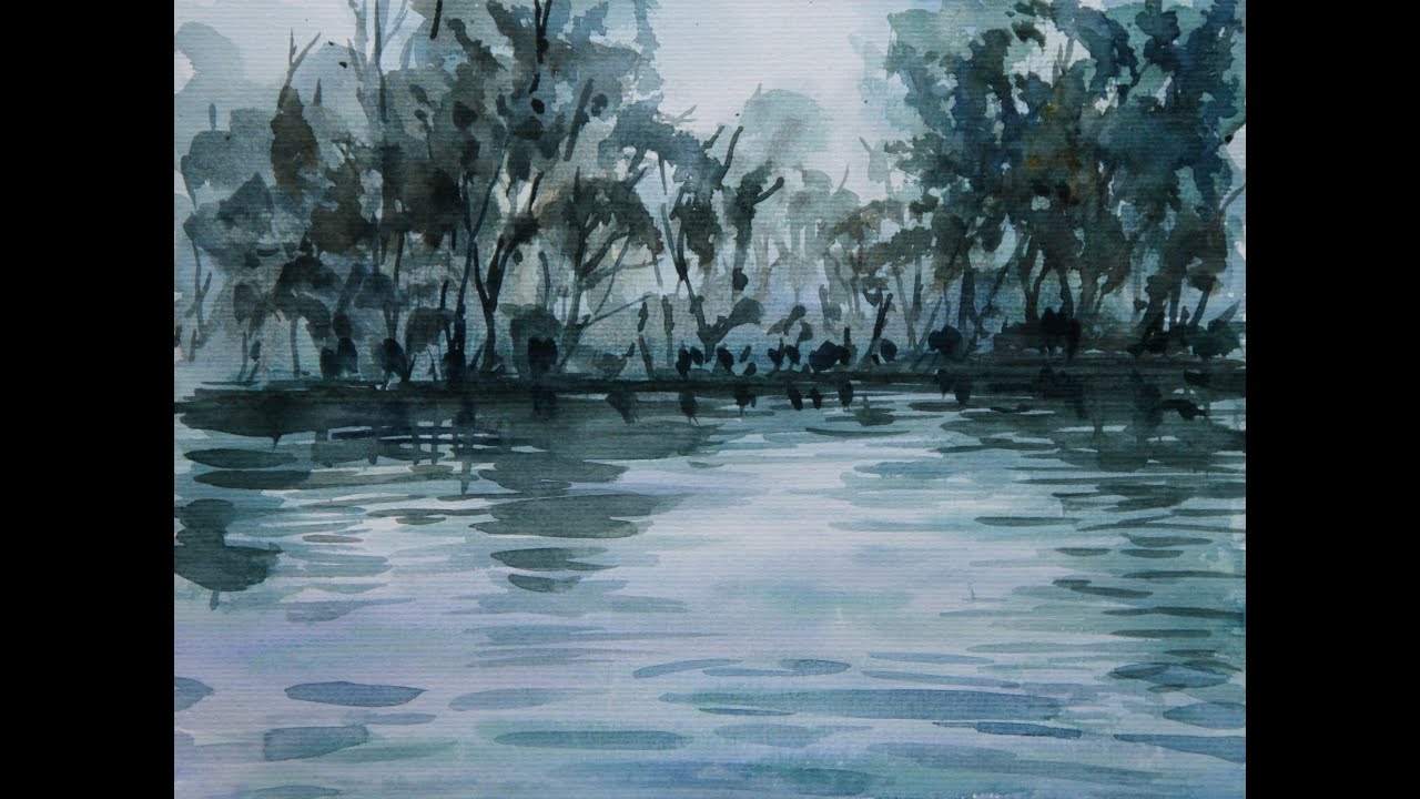 Tutorial watercolor art painting forest and water atmosphere - 20 x