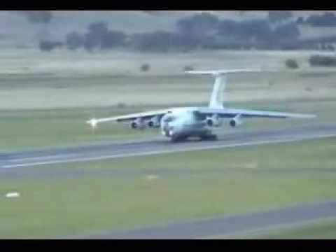 Ilyushin IL-76 IL76 Using It All    Airliners usually use no more than 2/3rds of the runway to take off.  Watch in amazement as this fully-loaded Russian cargo jet takes off on a hot, calm Australian day -- and uses every last inch of runway!
Additional Info From Michelle Robertson:

\