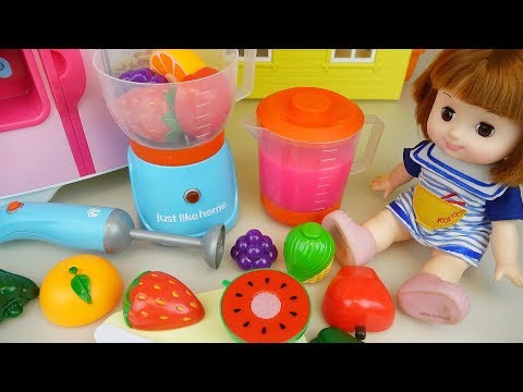 Baby doll and Fruit juice maker and refrigerator toys play