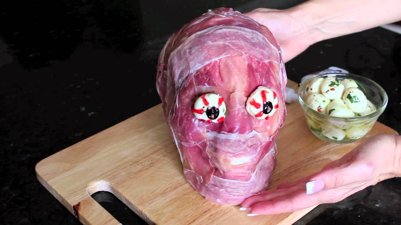Scary Halloween Party Food - Prosciutto Head on a Platter Appetizer