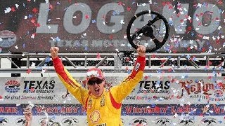 Joey Logano celebrates in Victory Lane after winning Duck Commander 500