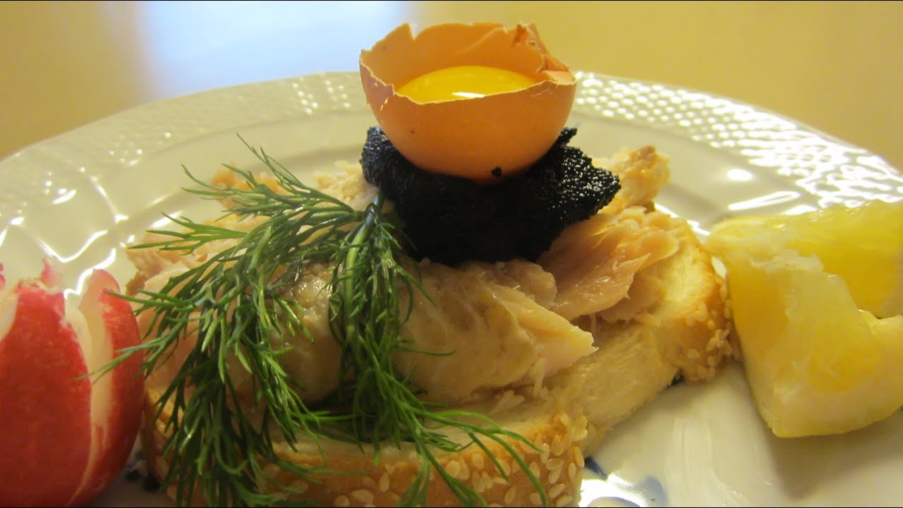 recipe Raw Fish  Sandwich White and danish Yolk Smørrebrød Caviar flaeskesteg with  Smoked Egg