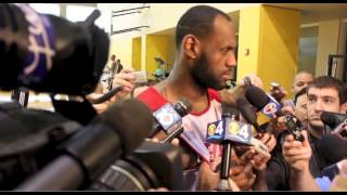 LeBron James speaks during Miami Heat practice before NBA Finals