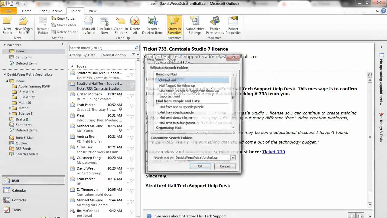 how to add unread mail search folder in owa outlook 365