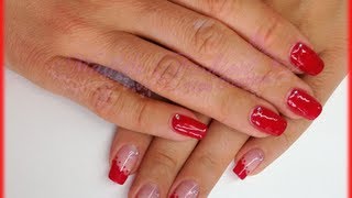 Nail Art - french rosso obliquo con pois e strass (Ricostruzione e smalti)