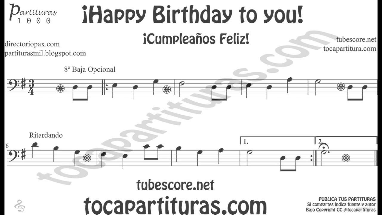 Happy Birthday to You Sheet Music in Bass Clef for Trombone, Cello