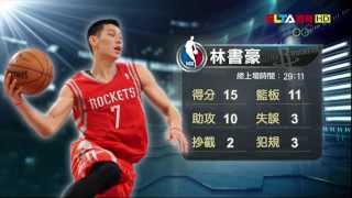 20140202 騎士 92：106 火箭 林書豪替補上場29分11秒，NBA生涯首度大三元(15分 11籃板 10助攻)