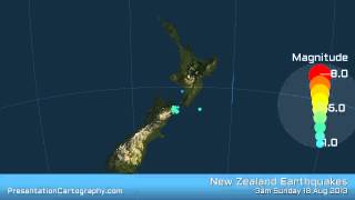 24 hours of earthquake activity for New Zealand up until 07:24 on Sunday 18 of August 2013