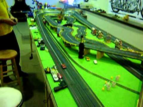 HUGE HO scale TYCO 4 lane Slot car track with train crossings - YouTube